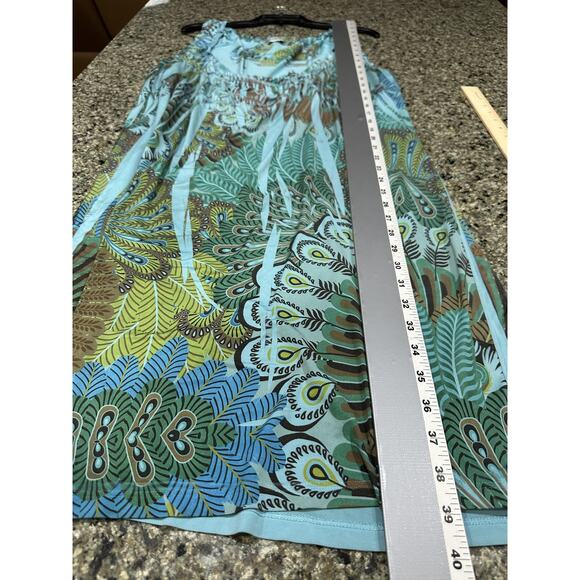 Unity World Wear Dress Women Large Blue Green Sleeveless Boho Peacock Print - Picture 4 of 6